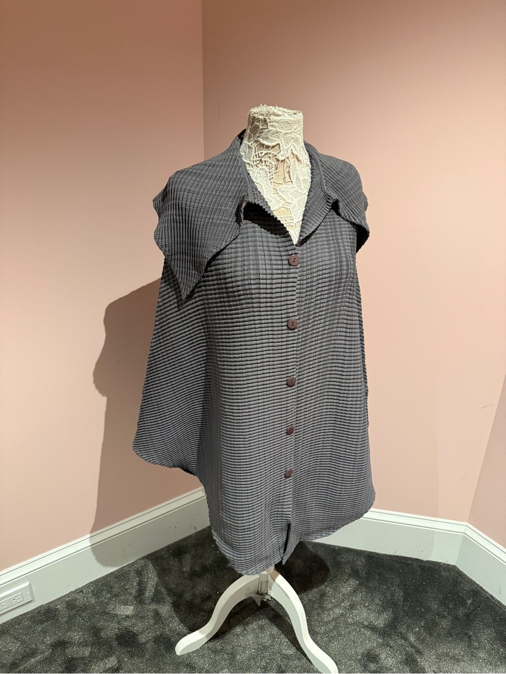 Grey Textured Button-Front button poncho cape